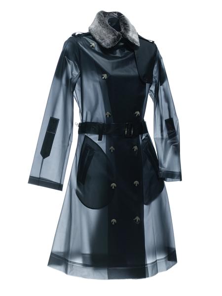 GINZA - Faux fur collar long trench coat Ash Black